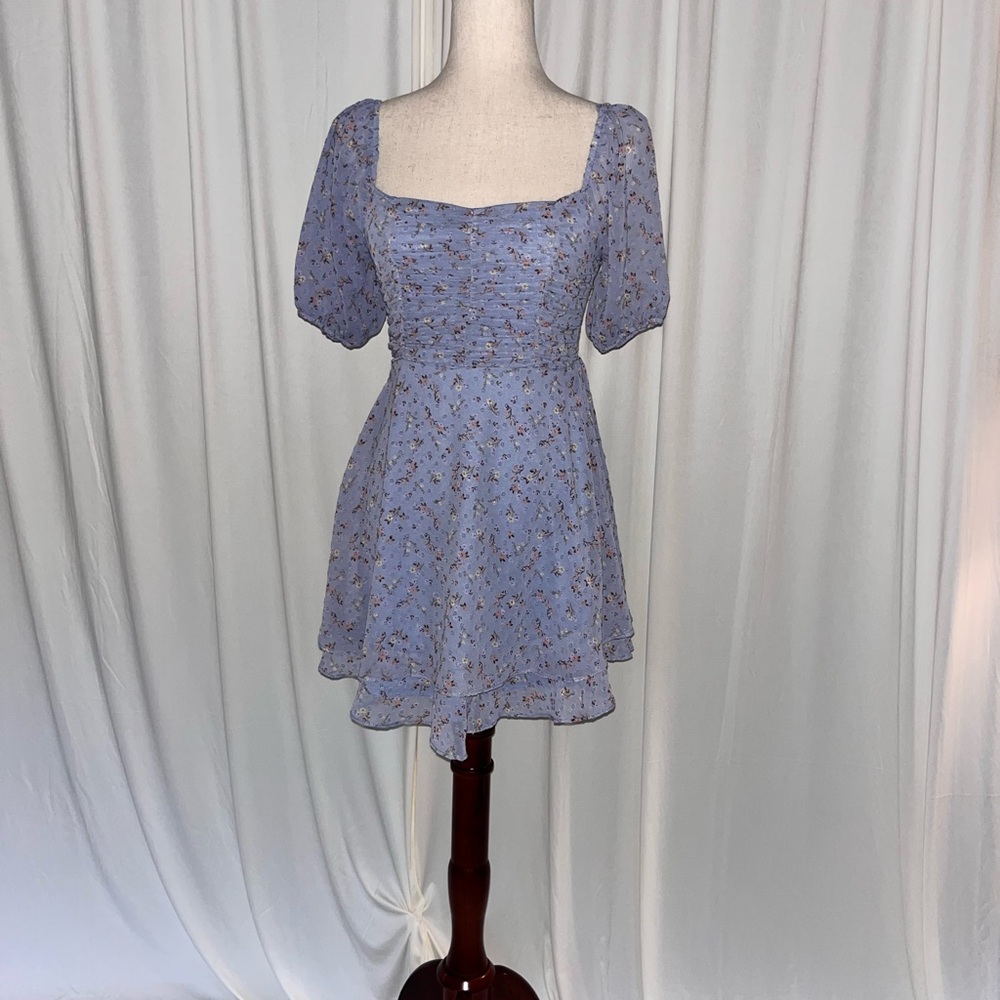 Alter'd State Floral Blue Smocked Bodice Puff Sleeve Mini Dress